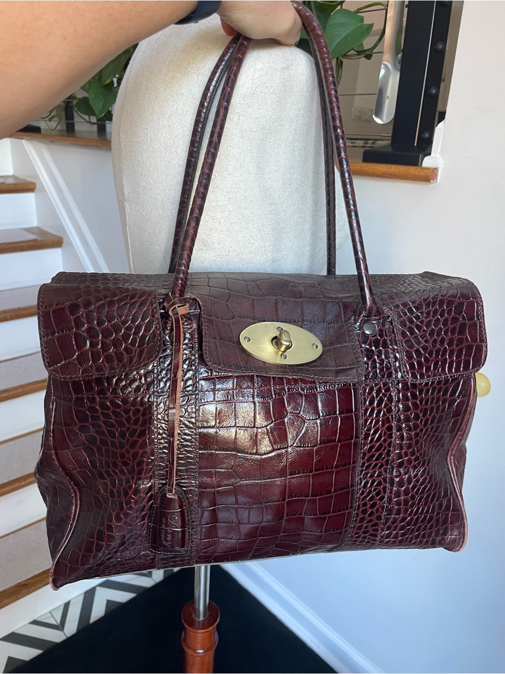 Croc-Embossed Shoulder Bag in Deep Burgundy